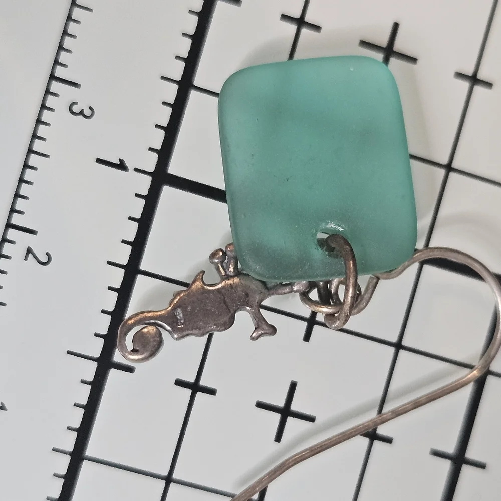 Handmade 925 Seahorse Sterling Silver Green Beach Glass Earrings